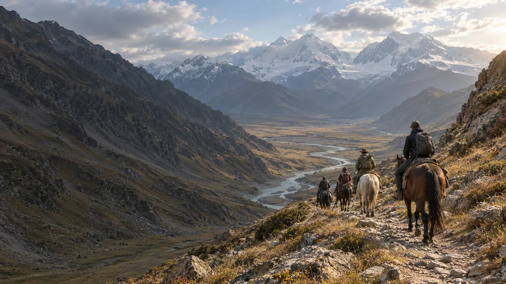 A line of riders descending a green valley below snow peaks