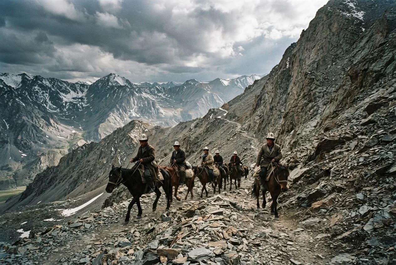 Riders crossing a scree slope beneath a granite wall