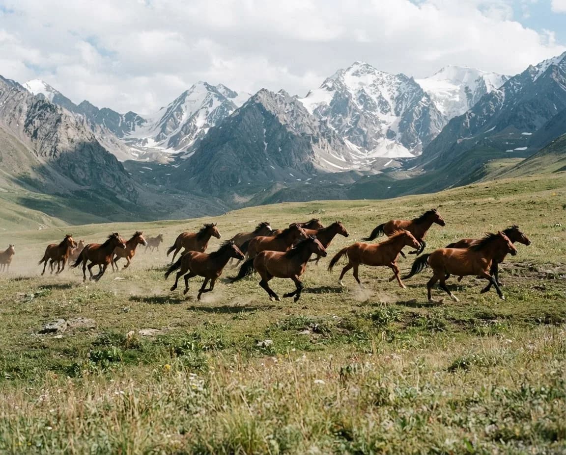 Herd of horses running across summer pasture