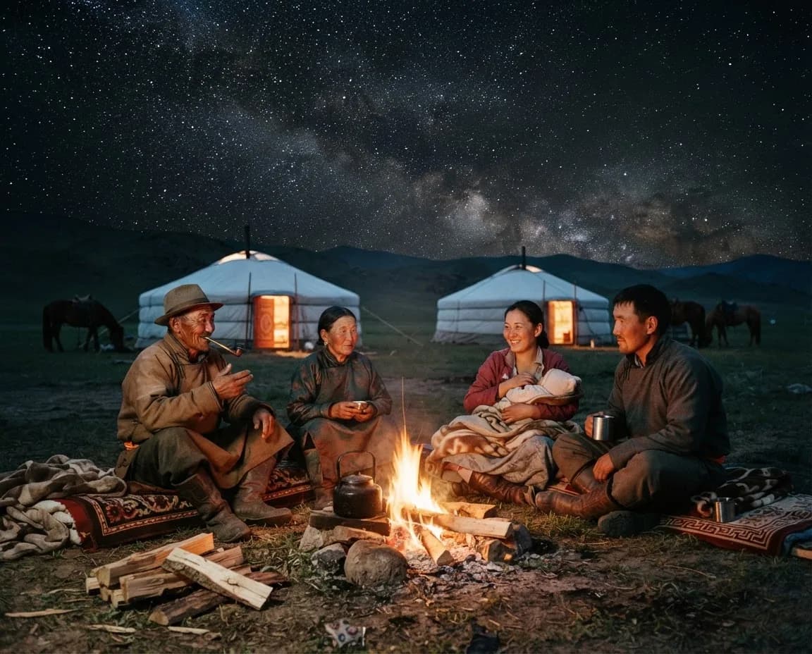 Campfire and lit yurts under a night sky