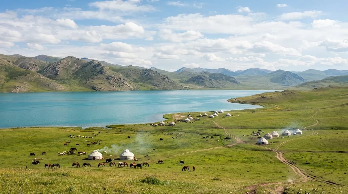 Yurt camp on the shore of a high-altitude lake