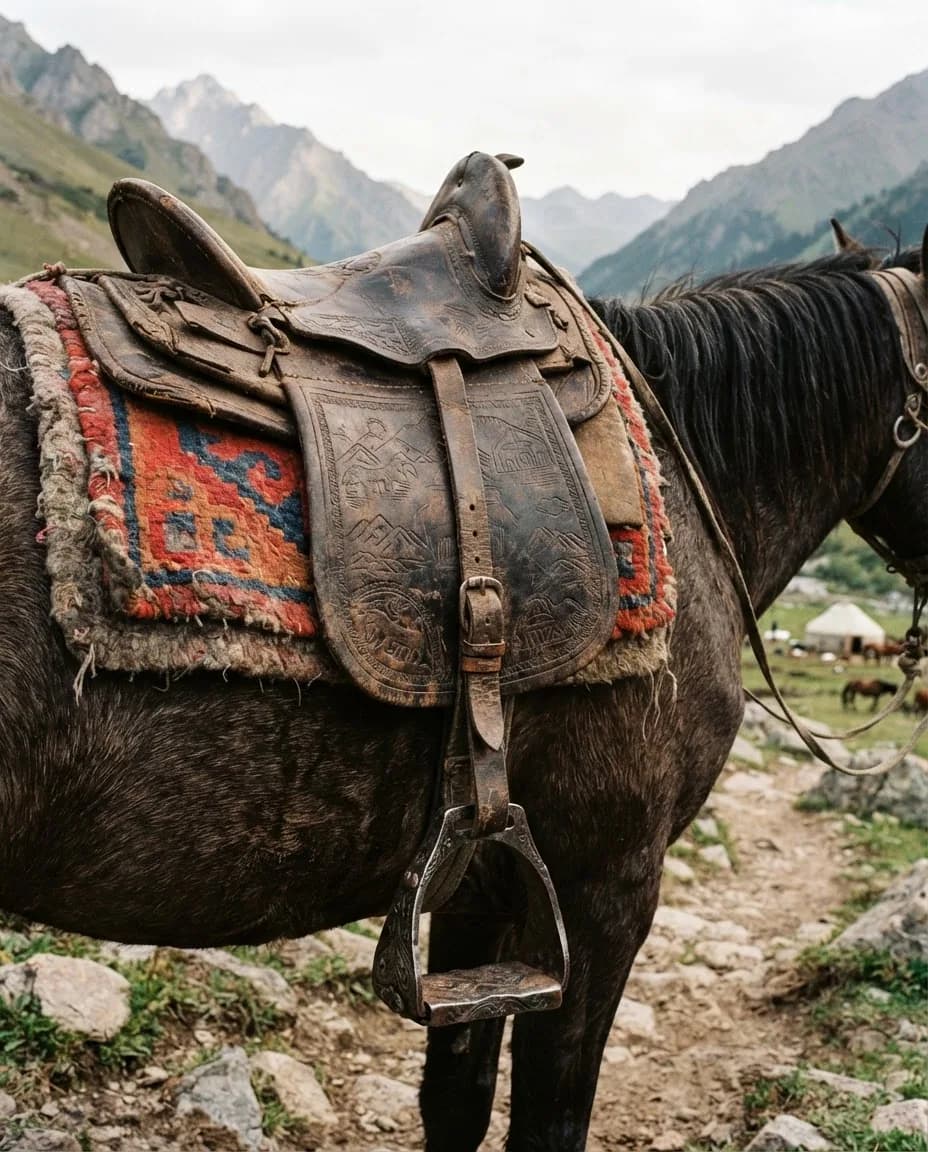 Traditional saddle and woven blanket