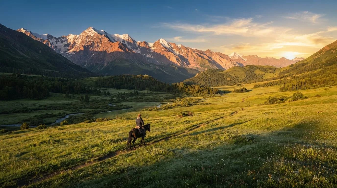 Lone rider crossing a vast green valley