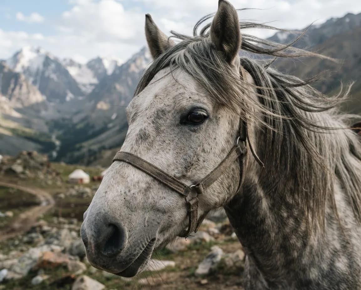 Grey horse looking into the camera