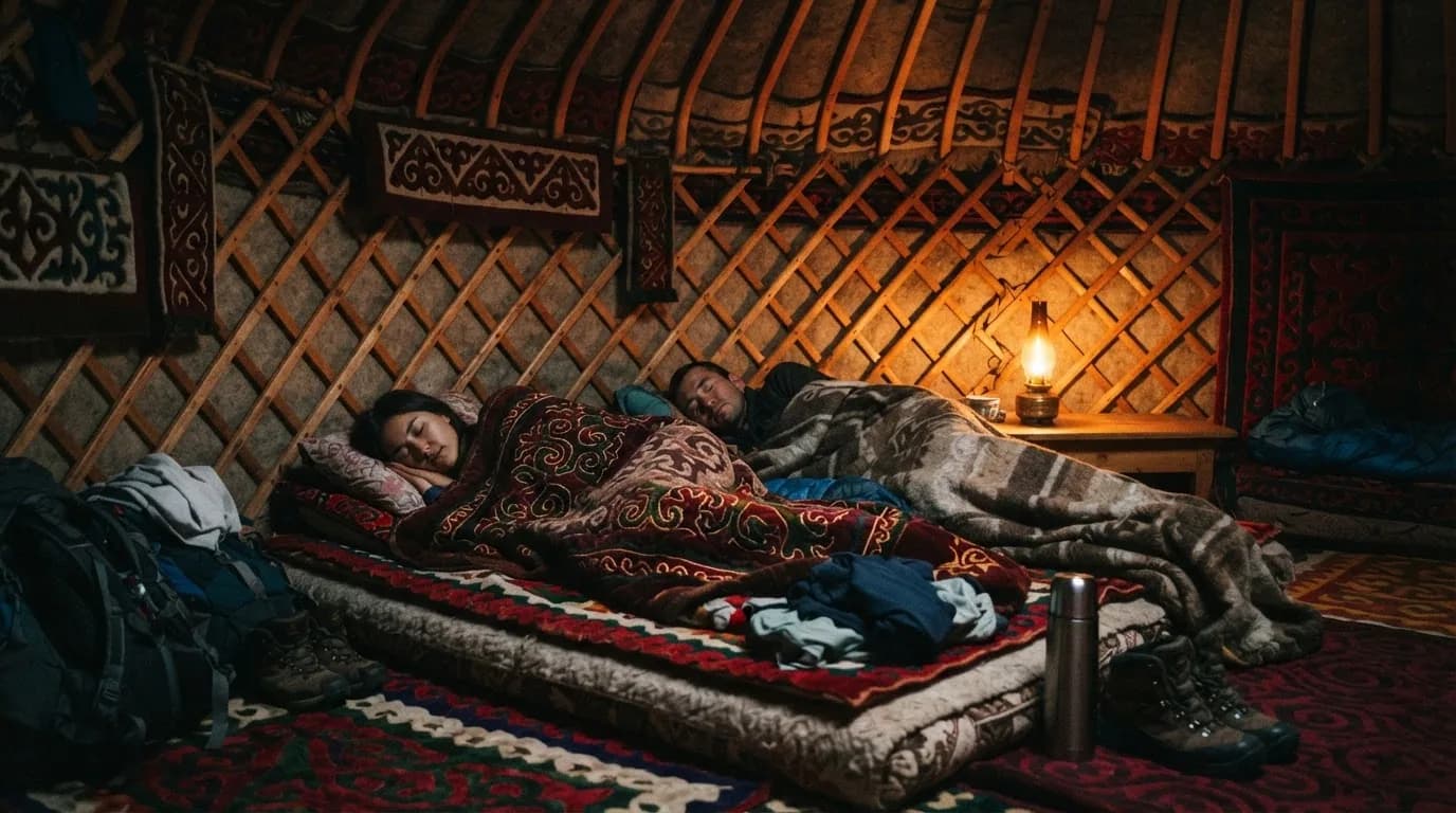 Travellers asleep on felt mats inside a yurt