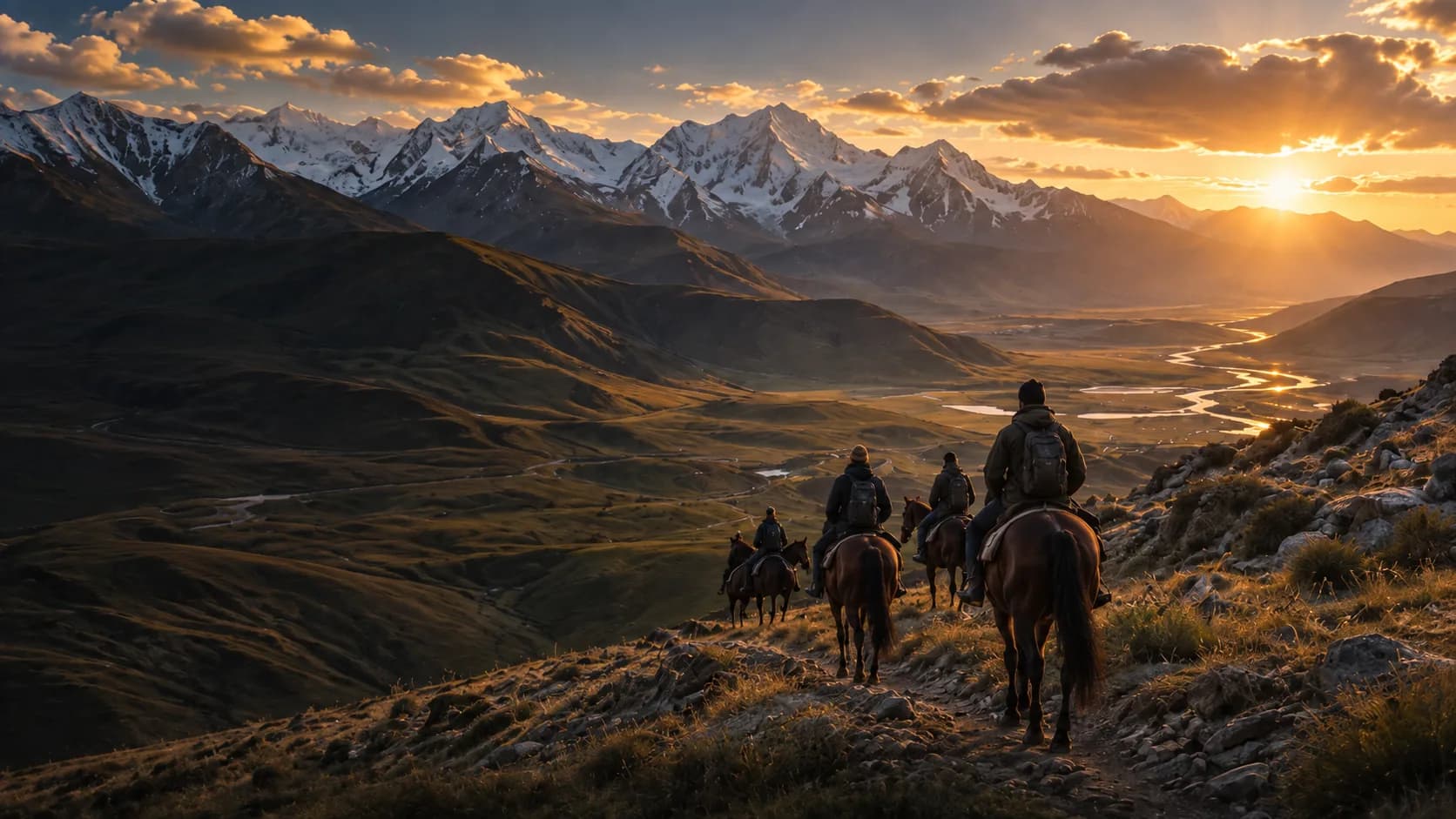 Riders crossing high pasture at sunrise