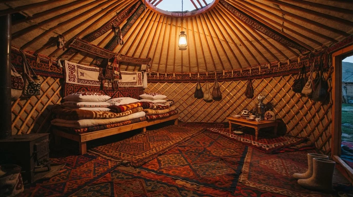 Evening in camp, with a yurt lit from inside and horses grazing beyond