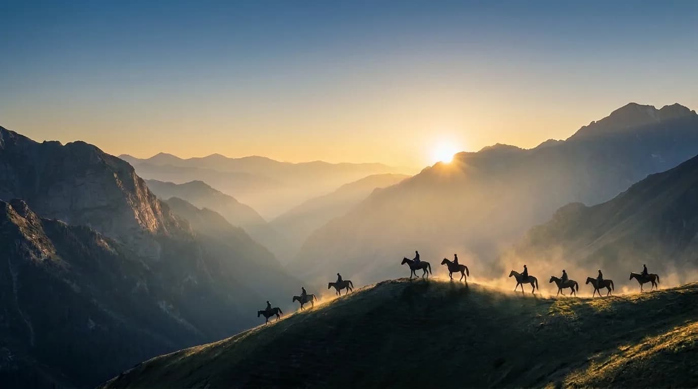Riders setting out across a high valley at first light